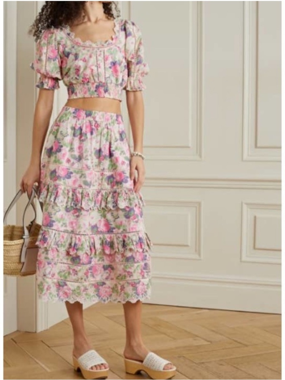 LoveShackFancy Naila Tiered Crochet Trimmed Floral Cotton Midi Skirt Pink Small - Picture 4 of 13